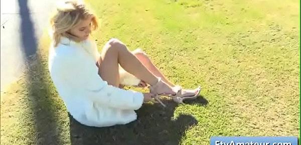  Cutie blonde young amateur teen Arya finger her juicy pink pussy outdoor and plays on the golf field